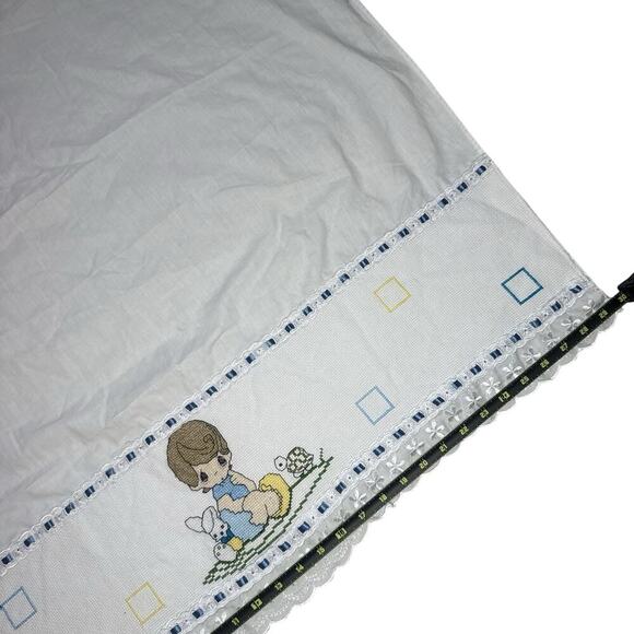 Vtg Precious Moments Baby Blanket Sheet Baby Boy Cross Stitch Embroidered Lace - Picture 5 of 5